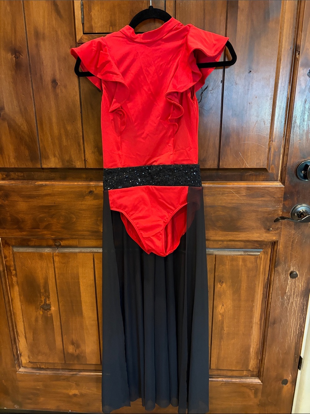 🗡️ Weissman Fierce Red and Black Ruffled Bodysuit with Sheer Waist Cape